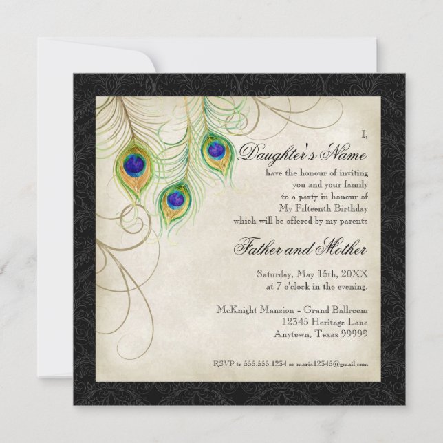 Invitation Pacock Feathers Black Damask Quinceanera Party (Devant)