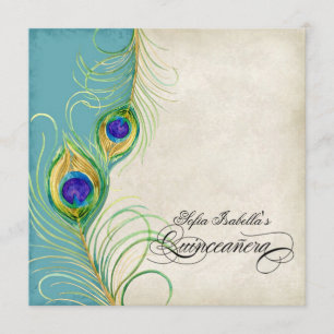 Invitation Pacock Feathers Black Damask Quinceanera Party