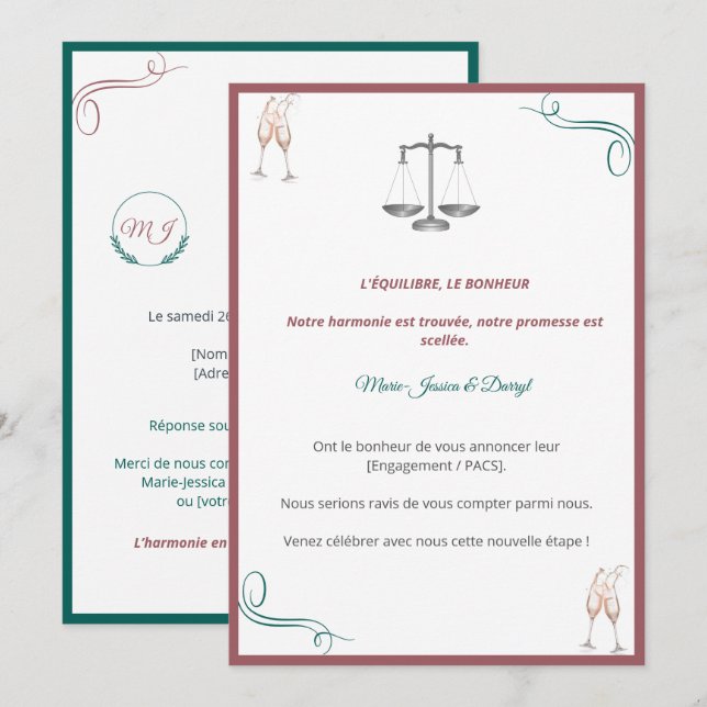 Invitation PACS ou Fiançailles Chic (Devant / Derrière)