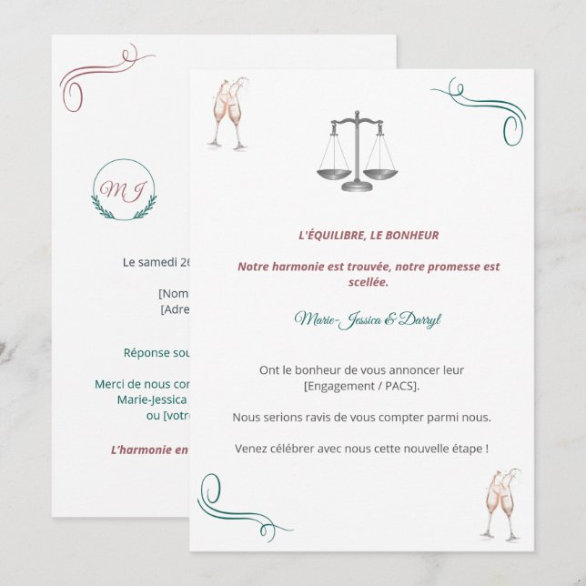 Invitation PACS ou Fiançailles Chic (Devant / Derrière)