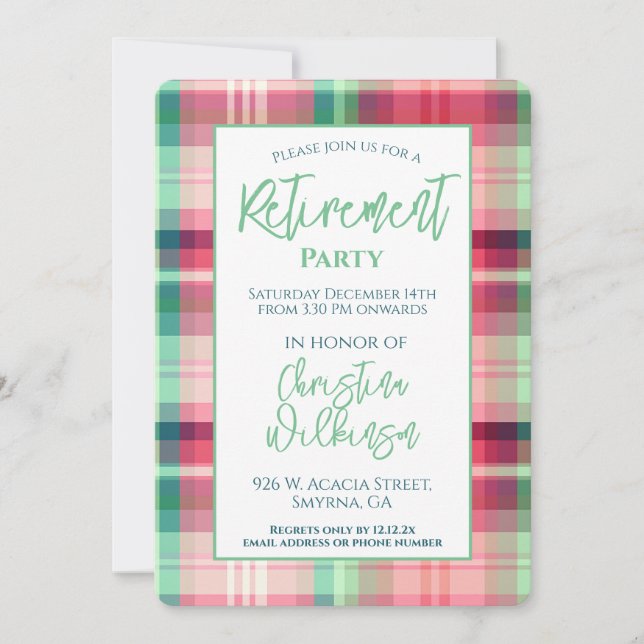 Invitation Paid Retraite Party Pink Green Tartan (Devant)