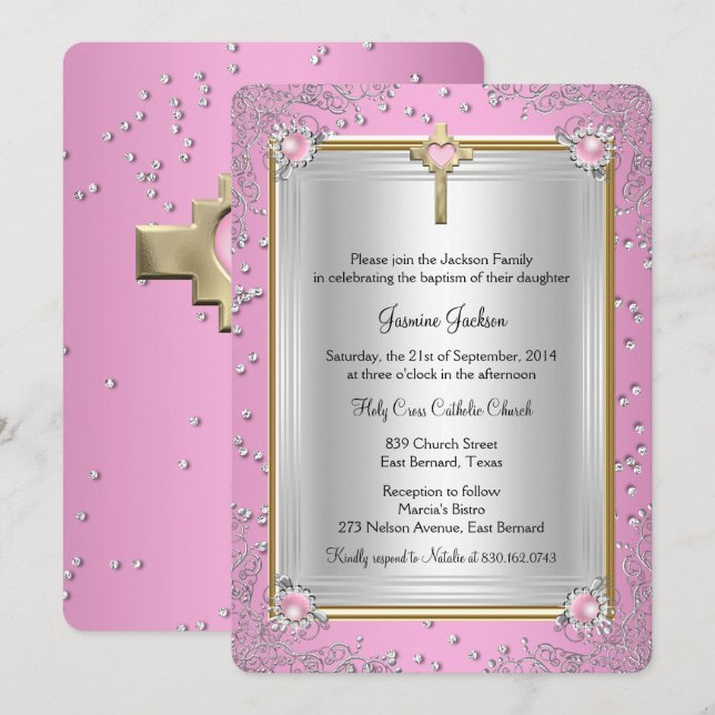 Invitation Paillet rose Joyau Baptême Christening Or (Devant / Derrière)