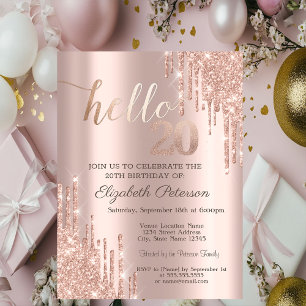 Invitation Pailletage Moderne Gouttes Rose Doré 20ème Anniver