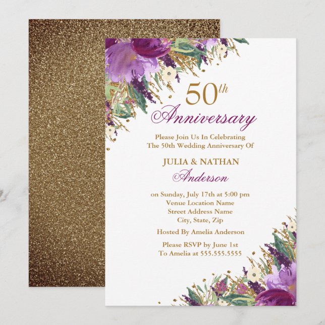 Invitation Pailleté Améthyste Fleur Violet 50e Anniversaire (Devant / Derrière)
