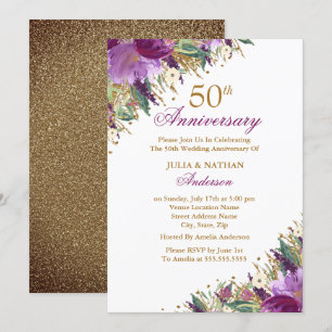 Invitation Pailleté Améthyste Violet Floral 50e Anniversaire