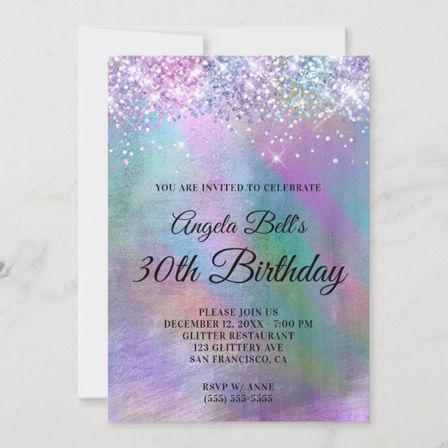 Invitation Pailleté Anniversaire Iridescent Feuille (Devant)