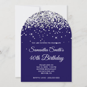 Invitation Pailleté Argent Anniversaire 40 ans Bleu Foncé Pho