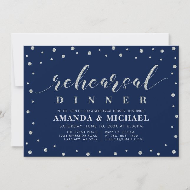 Invitation Pailleté Argent & Bleu Marine | Dîner de Répétitio (Devant)
