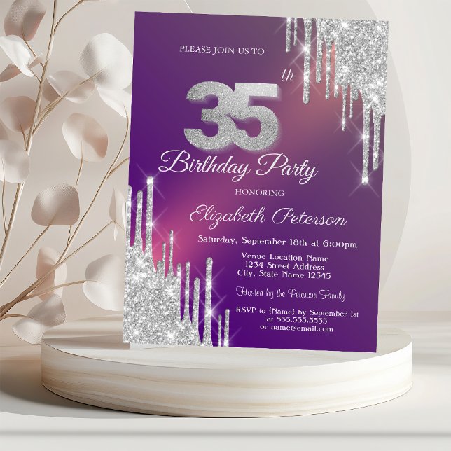 Invitation Pailleté Argent Chic Gouttes Violet 35e Anniversai (Créateur téléchargé)