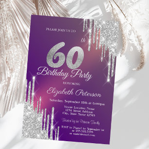 Invitation Pailleté Argent Chic Gouttes Violet 60ème Annivers