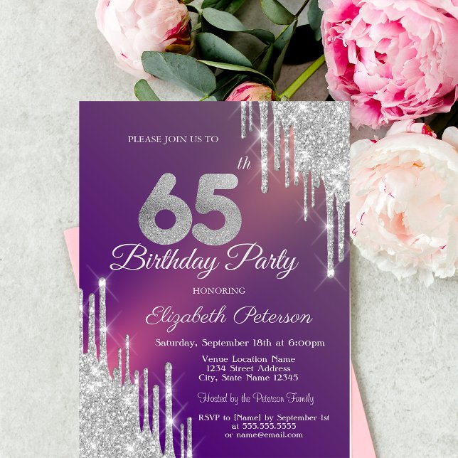 Invitation Pailleté Argent Chic Gouttes Violet 65e Anniversai (Créateur téléchargé)