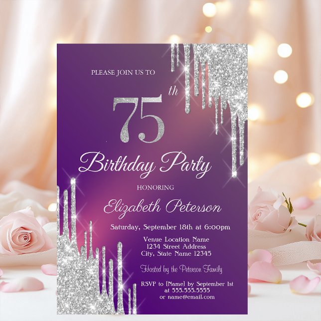 Invitation Pailleté Argent Chic Gouttes Violet 75e Anniversai (Créateur téléchargé)