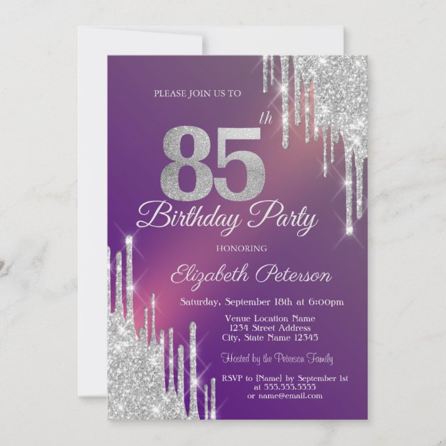 Invitation Pailleté Argent Chic Gouttes Violet 85e Anniversai (Devant)