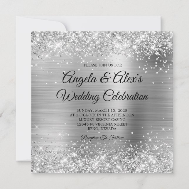 Invitation Pailleté Argent Élégant Mariage (Devant)