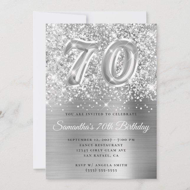 Invitation Pailleté Argent Glam Numéro 70e Anniversaire (Devant)