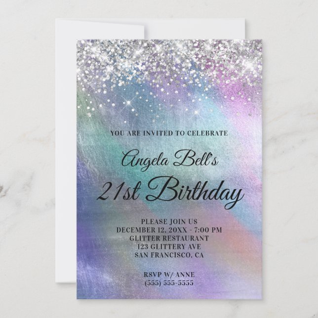 Invitation Pailleté Argent Glitter Iridescent Feuille Anniver (Devant)