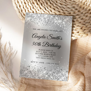 Invitation Pailleté Argent Glitter Satin Feuille 50e Annivers
