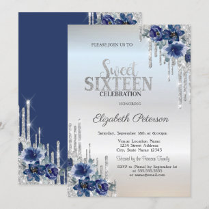 Invitation Pailleté Argent Gouttes Fleurs Bleues Argent Douze