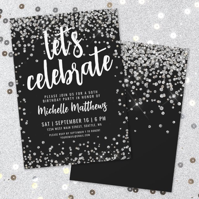 Invitation Pailleté Argent Noir Anniversaire Tout Âge (Black Silver Glitter Any Age Birthday Invitation)