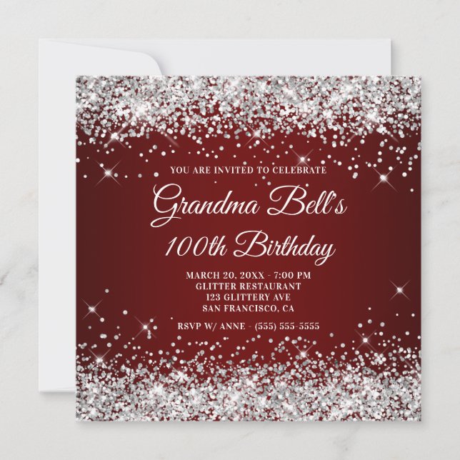 Invitation Pailleté Argent Paillettes Foncé Rouge 100e Annive (Devant)