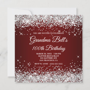 Invitation Pailleté Argent Paillettes Foncé Rouge 100e Annive