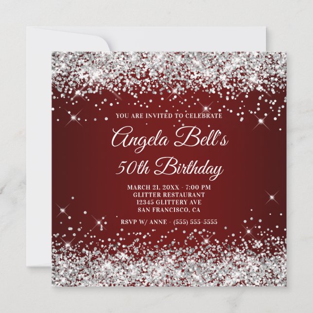 Invitation Pailleté Argent Paillettes Foncé Rouge 50e Anniver (Devant)