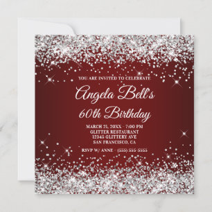 Invitation Pailleté Argent Paillettes Foncé Rouge 60e Anniver
