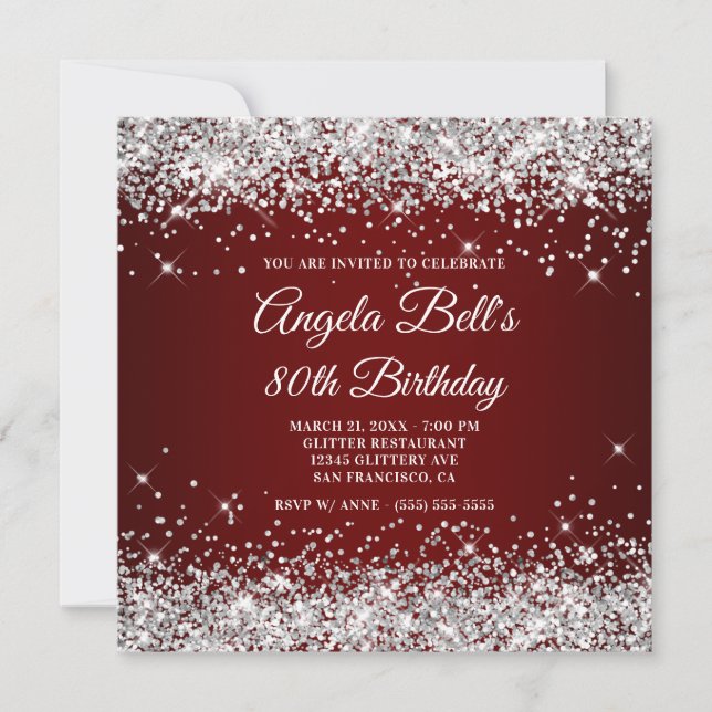 Invitation Pailleté Argent Paillettes Foncé Rouge 80e Anniver (Devant)