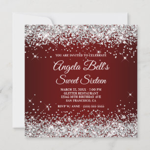 Invitation Pailleté Argent Paillettes Foncé Rouge Sweet Seize