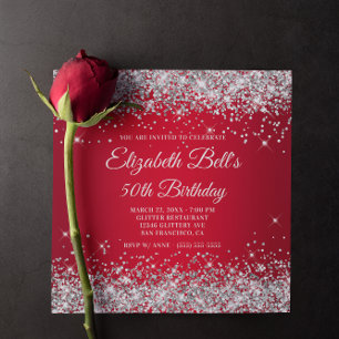 Invitation Pailleté Argent Paillettes Rouge Ombré 50e Anniver