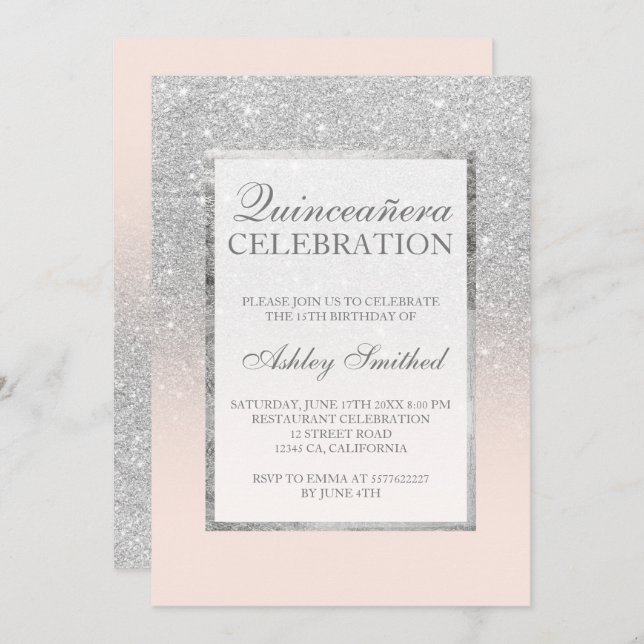 Invitation Pailleté argent rose élégant chic Quinceañera (Devant / Derrière)