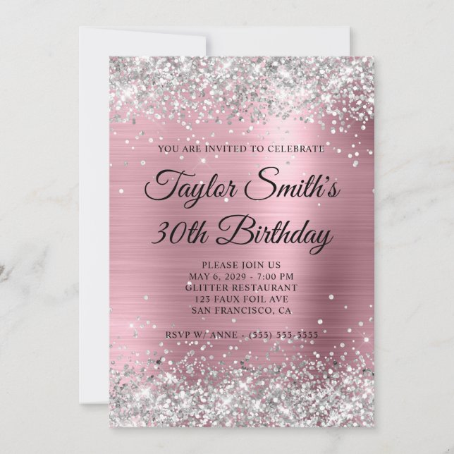 Invitation Pailleté Argent Rose Pâle Monogramme 30e Anniversa (Devant)