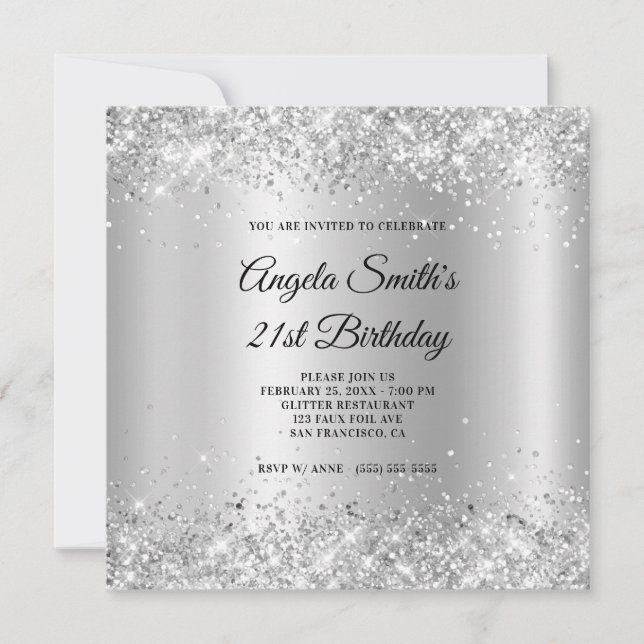 Invitation Pailleté Argent Satin Brillance 21e Anniversaire (Devant)