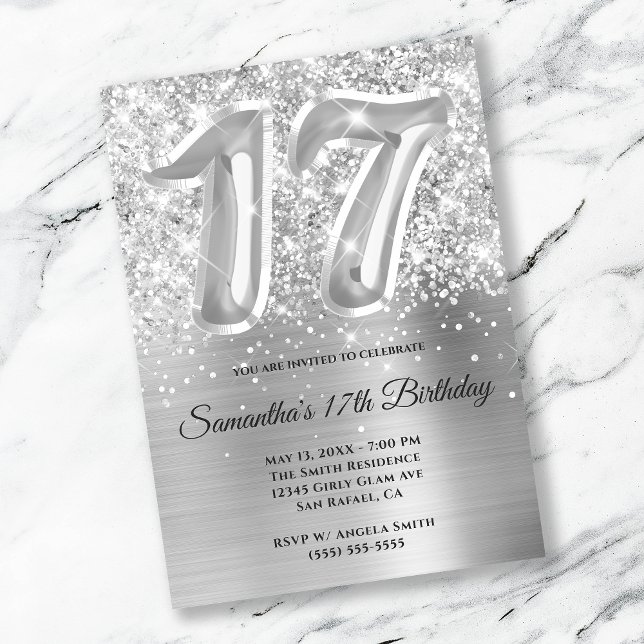 Invitation Pailleté Argenté Glamour 17e Anniversaire (Créateur téléchargé)