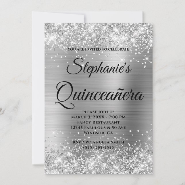 Invitation Pailleté Argenté Monogramme Fantaisie Quinceañera (Devant)