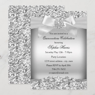 Invitation Pailleté Argenté & Nœud de Bijou Quinceanera