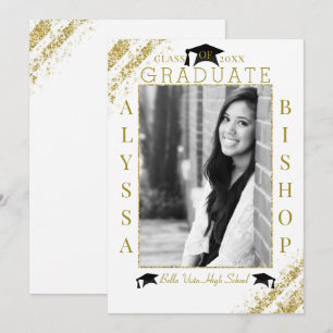 Invitation Pailleté Blanc & Or Photo Diplômé Promotion