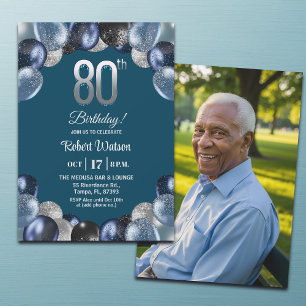 Invitation Pailleté Bleu Élégant Argent 80e Anniversaire Phot