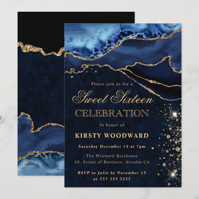 Invitation Pailleté Bleu et Or Élégant Agate 16 Ans Douce (Devant / Derrière)