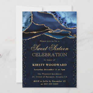 Invitation Pailleté Bleu et Or Élégant Agate Douce 16