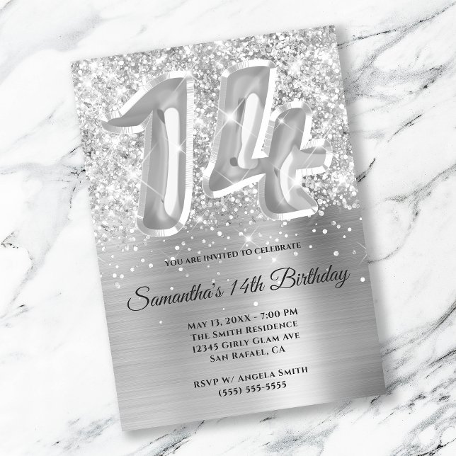 Invitation Pailleté Brillant Argent Glam 14e Anniversaire (Créateur téléchargé)