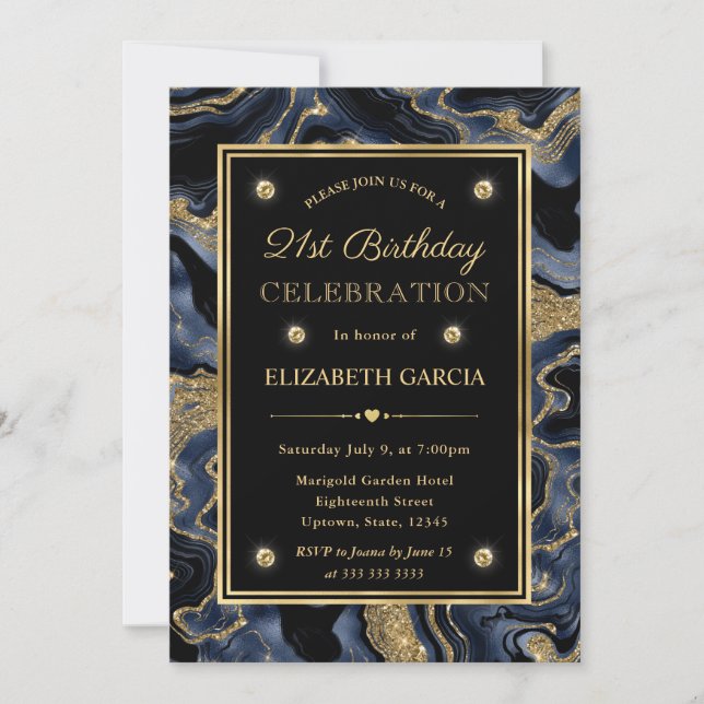 Invitation Pailleté d'agate bleue et dorée élégant pour 21e a (Devant)