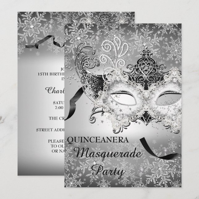 Invitation Pailleté d'Argent Flocon de Neige Masquerade Quinc (Devant / Derrière)
