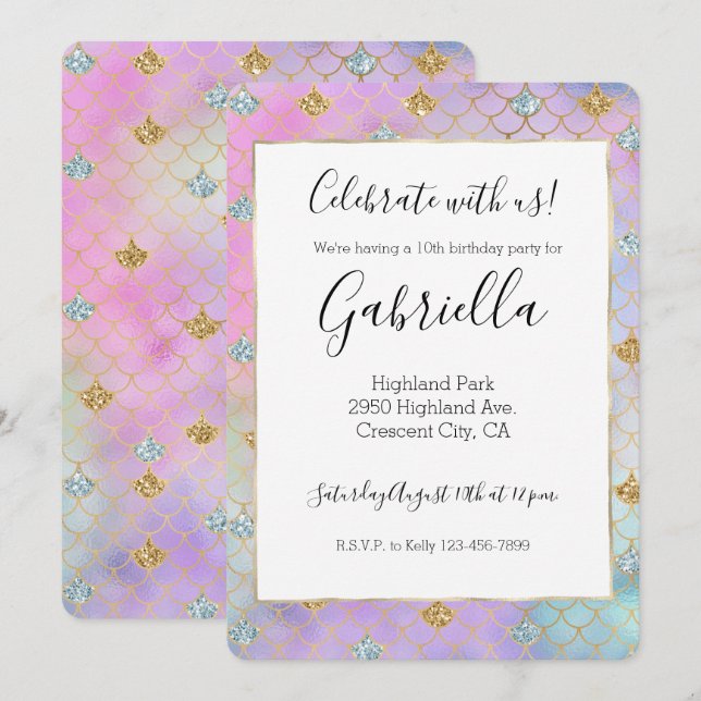 Invitation Pailleté de mermaid en or rose violet Aqua (Devant / Derrière)
