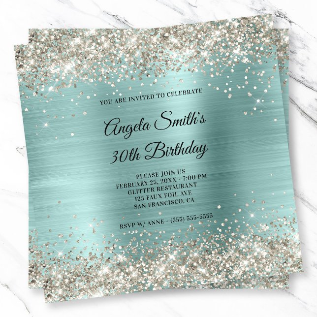 Invitation Pailleté de platine Monogramme en feuille de papie (Platinum Glitter Pale Turquoise Foil Monogram Invitation)