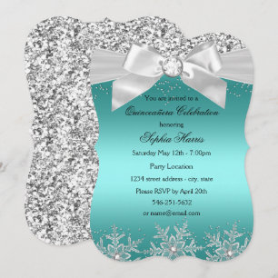 Invitation Pailleté de turquoise, bijou en forme d'arc, floco