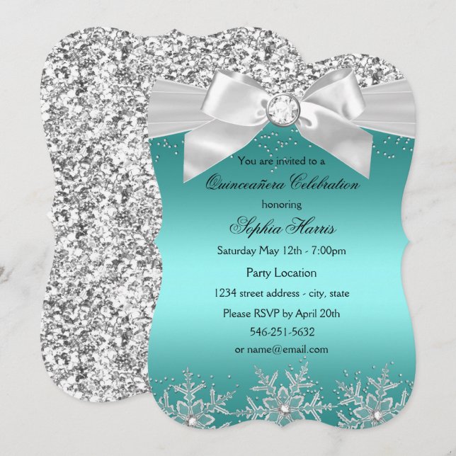 Invitation Pailleté de turquoise, bijou en forme d'arc, floco (Devant / Derrière)