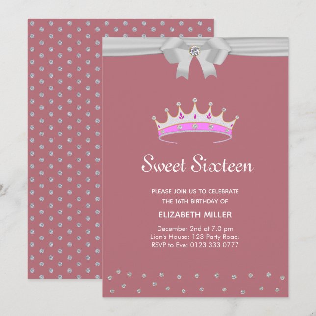 Invitation Pailleté Diamant Sweet Seize sur or rose (Devant / Derrière)