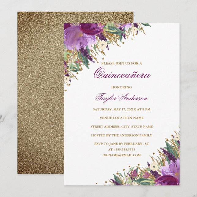 Invitation Pailleté d'Or Violet Améthyste Florale Quinceanera (Devant / Derrière)