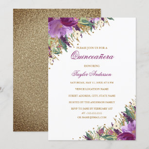 Invitation Pailleté d'Or Violet Améthyste Florale Quinceanera